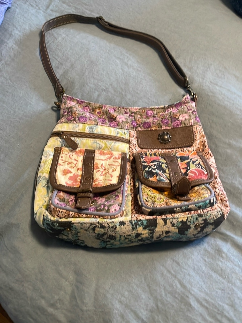 Patchwork Floral Crossbody Bag in Pink and Brown